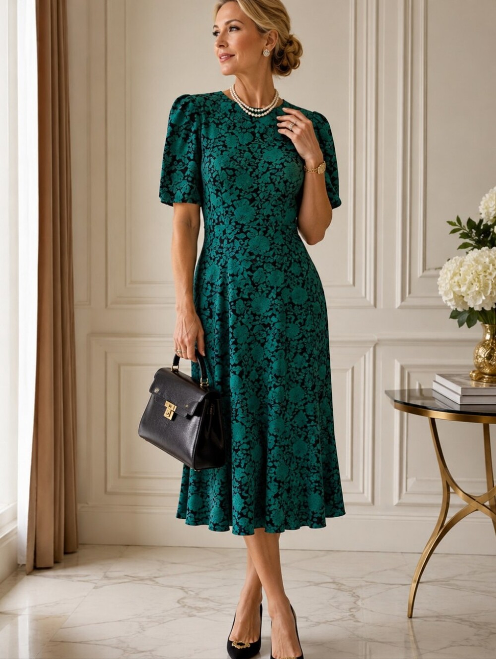 Vtg 80s Nipon Boutique Green/ Black 100% Silk Floral Jacquard Midi Dress Sz 10